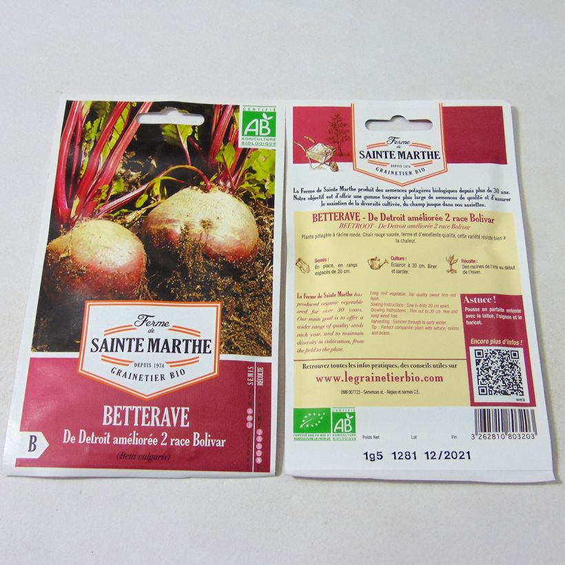 Esimerkki toimitetusta Punajuurikas De Detroit Améliorée 2 Bolivar luomu - Ferme de Sainte Marthe 80 siemenen pussi (1.5g)-taimesta