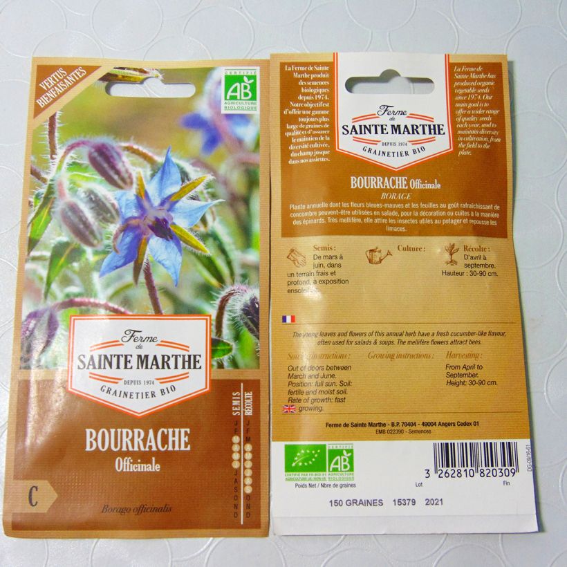 Esimerkki toimitetusta Purasruoho luomu - Ferme de Sainte Marthe - Borago officinalis 90 siemenen pussi (2g)-taimesta