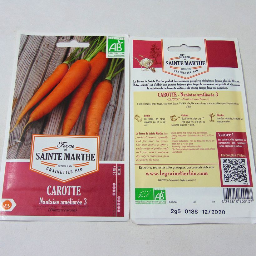 Esimerkki toimitetusta Porkkana Nantes Improved 2 luomu - Ferme de Sainte Marthe 2500 siemenen pussi (2.5g)-taimesta