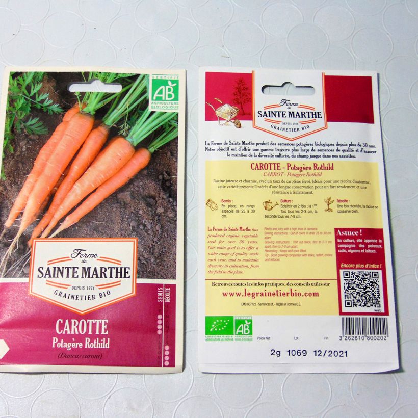 Esimerkki toimitetusta Porkkana Rothild luomu - Ferme de Sainte Marthe 850 siemenen pussi (1g)-taimesta