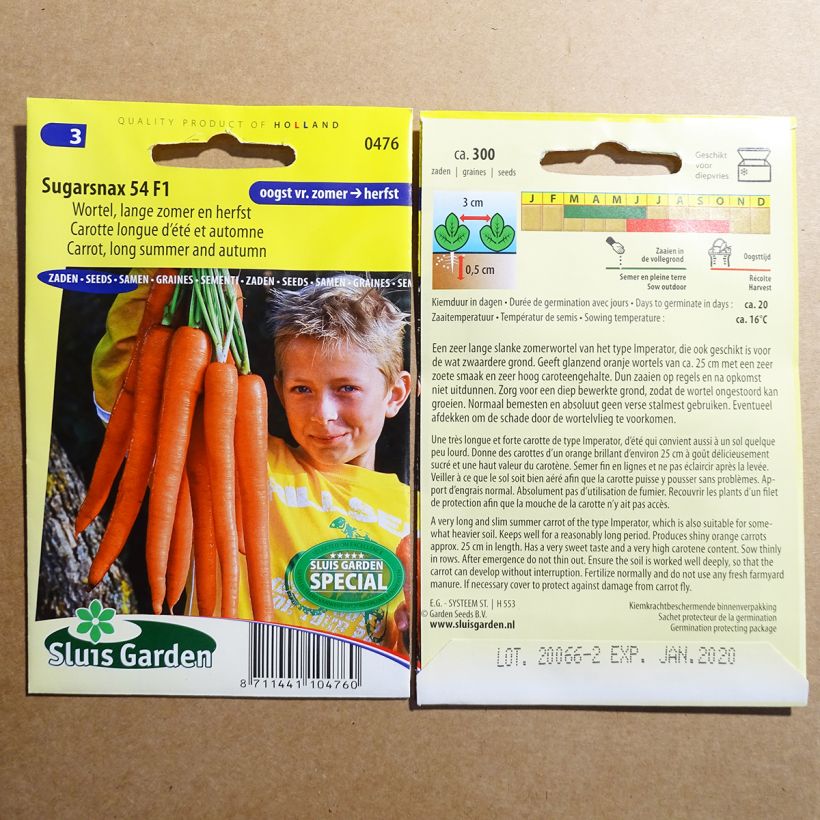 Esimerkki toimitetusta Porkkana Sugarsnax 54 F1 300 siemenen pussi-taimesta