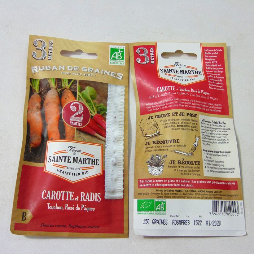 Esimerkki toimitetusta Carte ruban de Carotte Touchon - Radis Rose de Pâques - Bio - Ferme de Sainte Marthe Siemennauha-taimesta