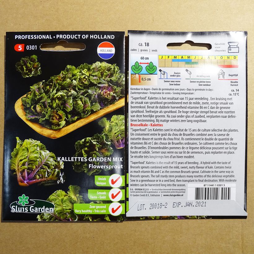 Esimerkki toimitetusta Lehtikaali Flower Sprout 18 siemenen pussi-taimesta