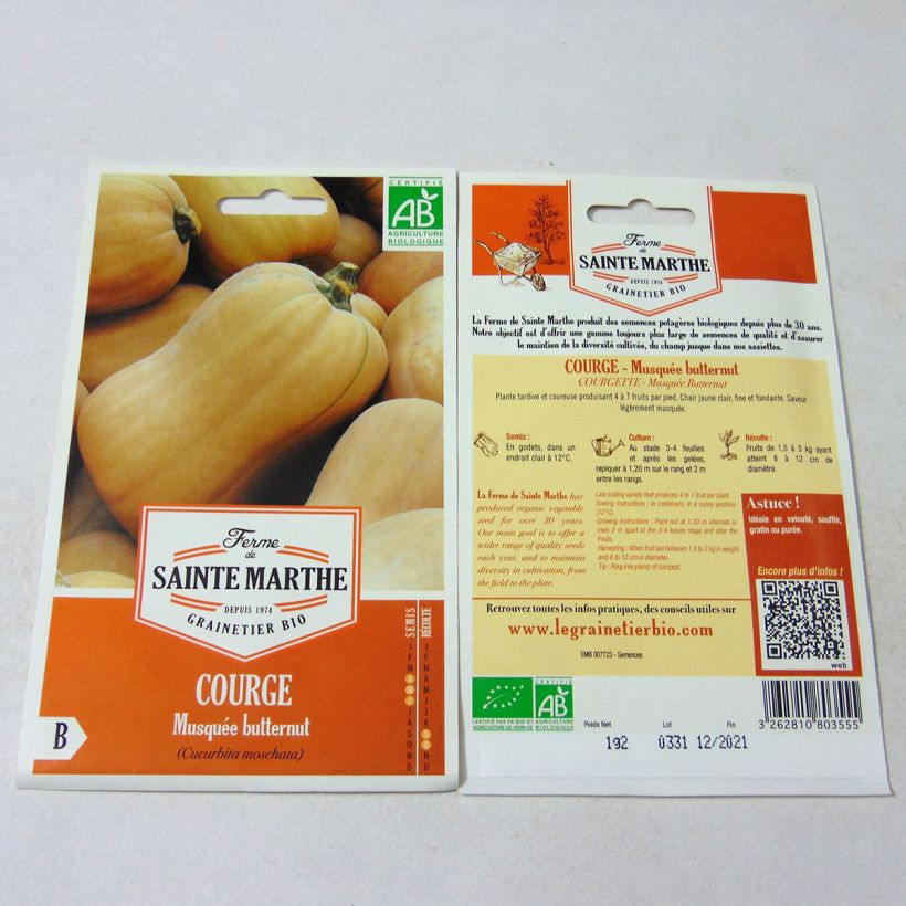 Esimerkki toimitetusta Myskikurpitsa Butternut luomu - Ferme de Sainte Marthe 10 siemenen pussi (1.2g)-taimesta