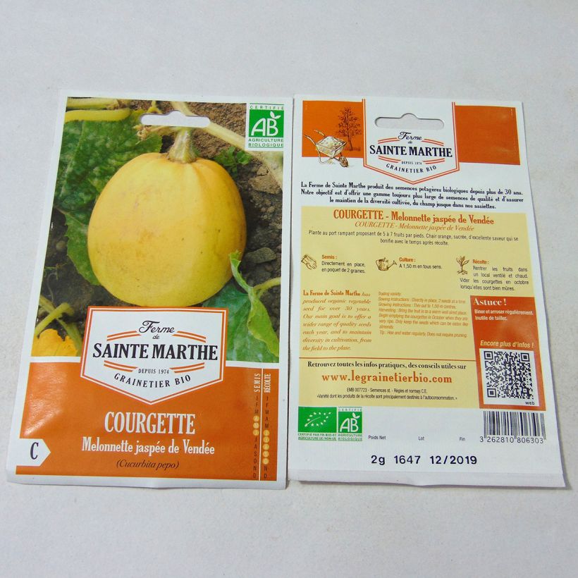 Esimerkki toimitetusta Kesäkurpitsa Melonnette Jaspée de Vendée luomu - Ferme de Sainte Marthe 10 siemenen pussi (2g)-taimesta