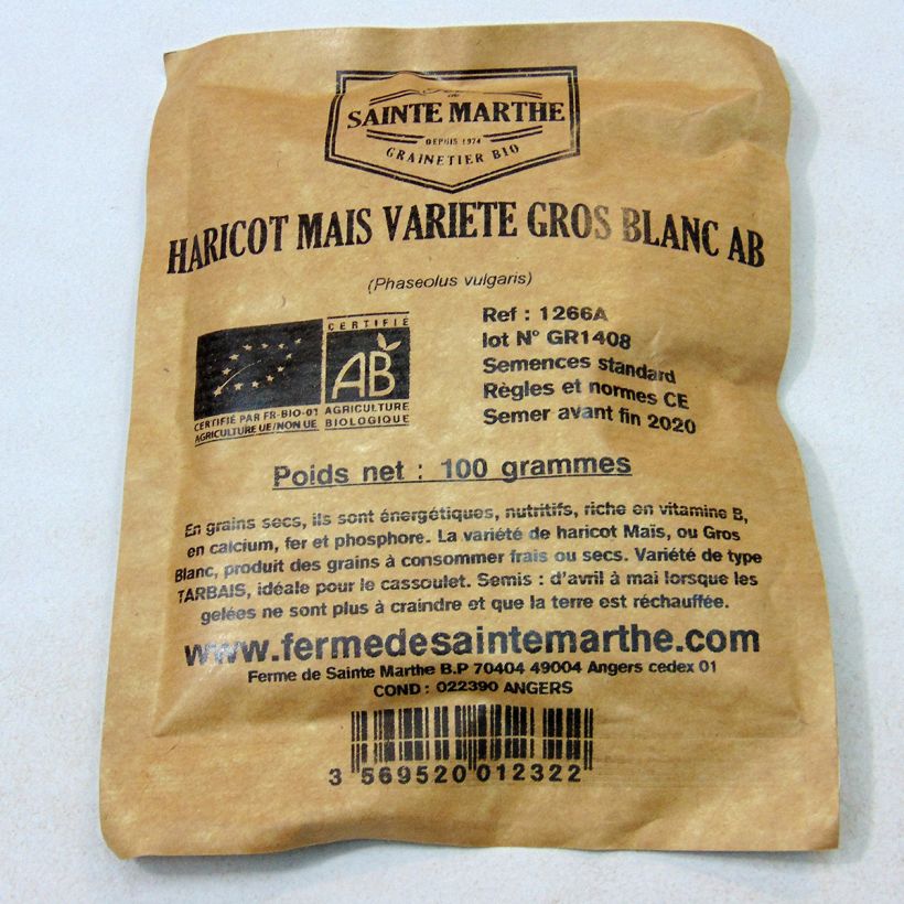 Esimerkki toimitetusta Salkopapu Maissi Lajike Iso Valkoinen luomu - Ferme de Sainte Marthe 150 siemenen pussi (80g)-taimesta