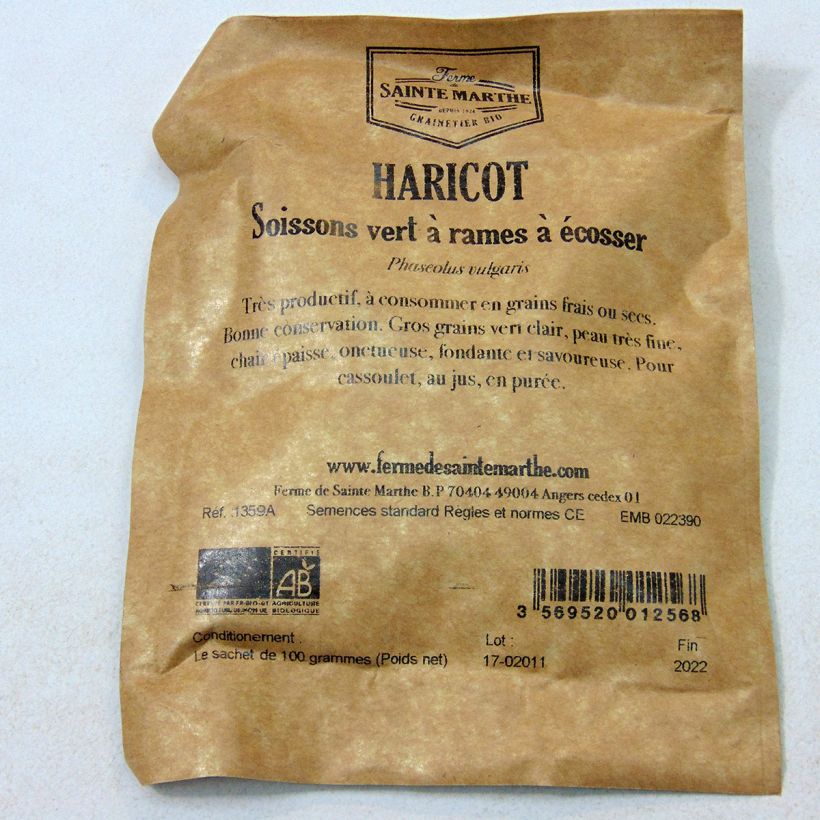 Esimerkki toimitetusta Salkopapu Soissons Vert luomu - Ferme de Sainte Marthe 200 siemenen pussi (100g)-taimesta