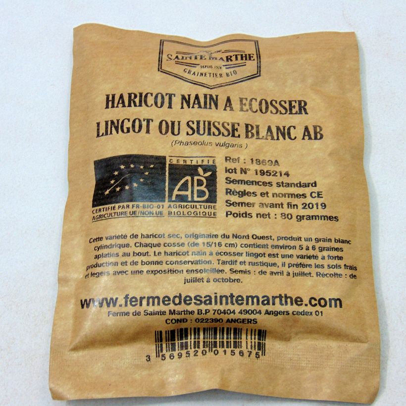 Esimerkki toimitetusta Tarhapapu Lingot suisse blanc luomu - Ferme de Sainte Marthe 160 siemenen pussi (80g)-taimesta