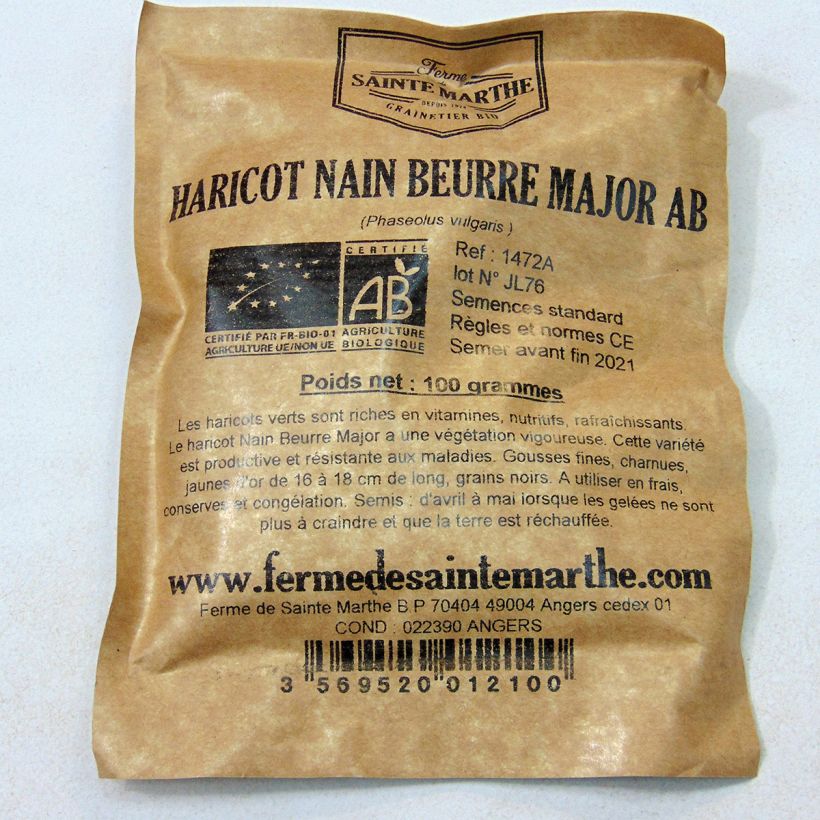 Esimerkki toimitetusta Palkoineen syötävä tarhapapu Major luomu - Ferme de Sainte Marthe 80 gramman siemenpussi-taimesta