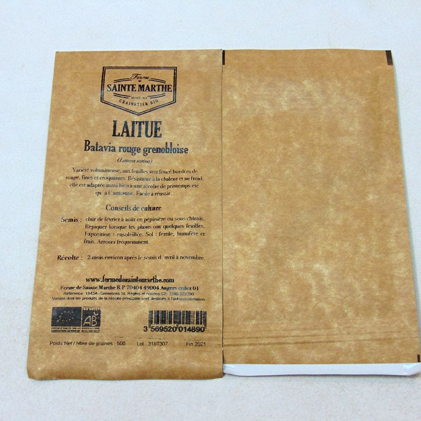 Esimerkki toimitetusta Bataviasalaatti Rouge Grenobloise luomu - Ferme de Sainte Marthe 500 siemenen pussi-taimesta