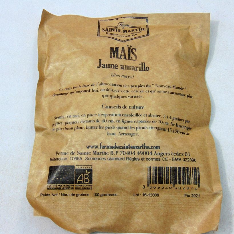 Esimerkki toimitetusta Maissi Amarillo luomu - Ferme de Sainte Marthe 50 siemenen pussi (100g)-taimesta