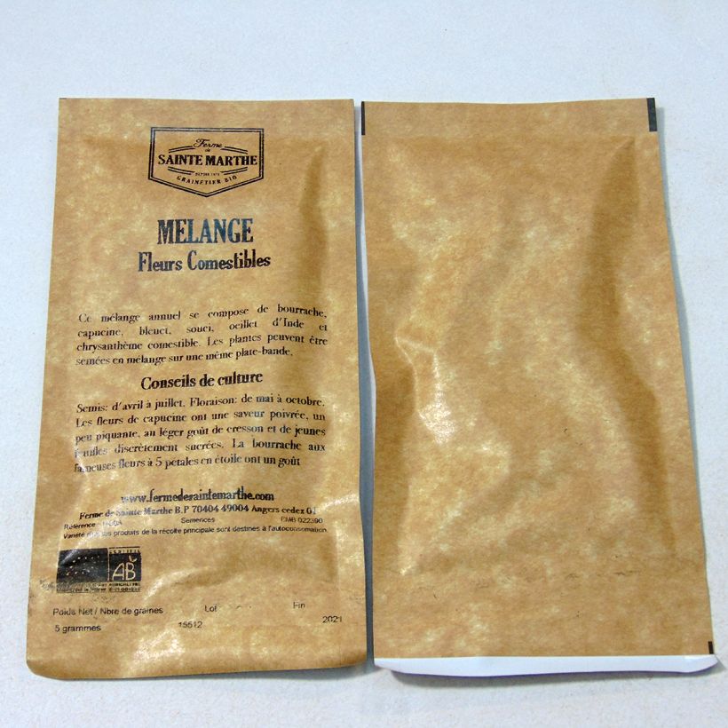 Esimerkki toimitetusta Mélange de Fleurs Comestibles Bio - Ferme de Sainte Marthe 5 gramman siemenpussi-taimesta