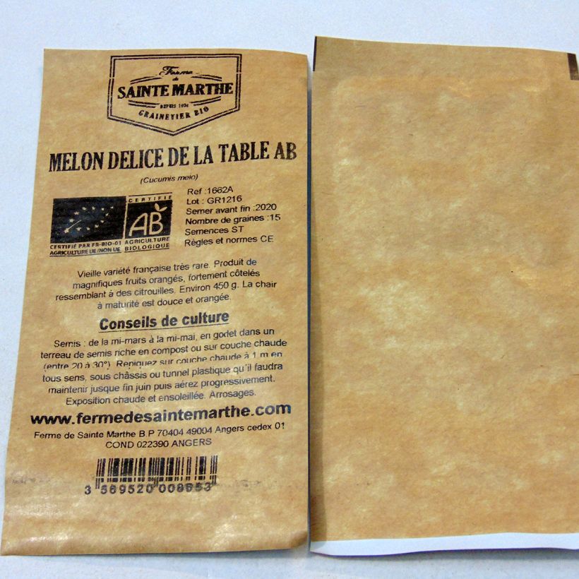 Esimerkki toimitetusta Meloni Délice de la Table luomu - Ferme de Sainte Marthe 15 siemenen pussi-taimesta