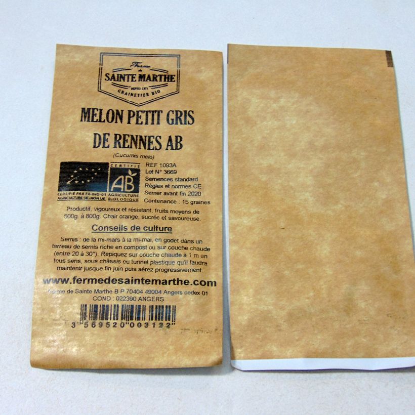 Esimerkki toimitetusta Cantaluponmeloni Petit gris de Rennes luomu - Ferme de Sainte Marthe 15 siemenen pussi-taimesta