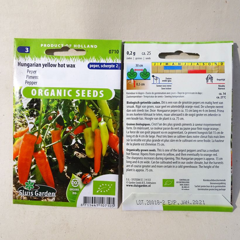 Esimerkki toimitetusta Chilipaprika Hungarian Yellow Wax Hot luomu 25 siemenen pussi (0.2g)-taimesta