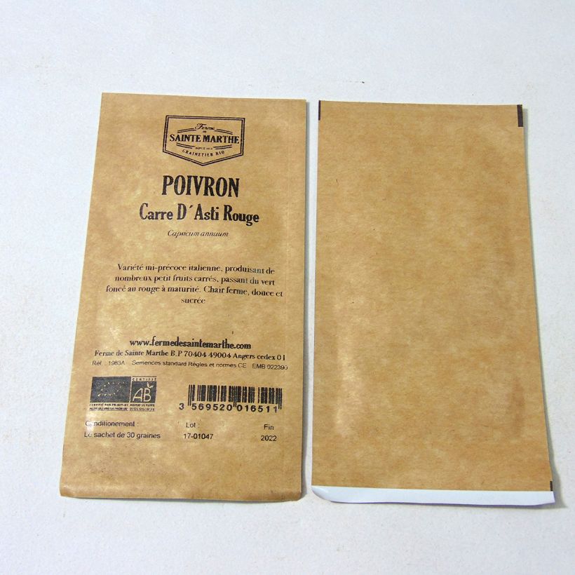 Esimerkki toimitetusta Maustepaprika Quadrato d'Asti punainen luomu - Ferme de Sainte Marthe 30 siemenen pussi (Sachet de 30 grainesg)-taimesta