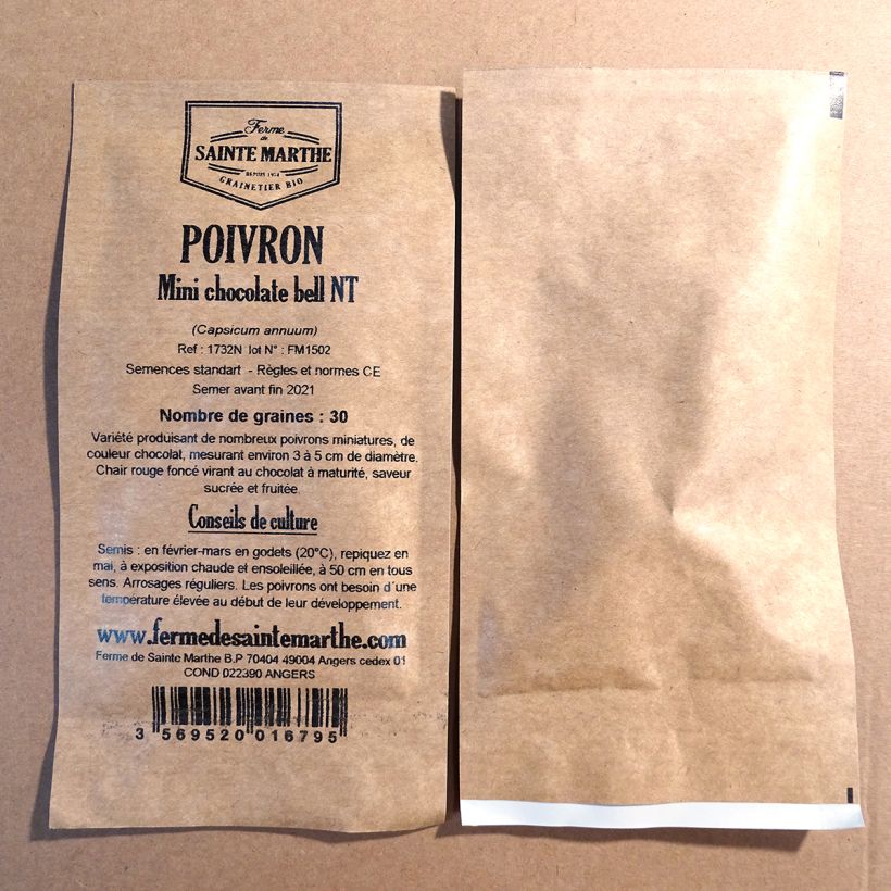 Esimerkki toimitetusta Paprika Mini Chocolate Bell - Ferme de Sainte Marthe 30 siemenen pussi (Sachet de 30 grammesg)-taimesta