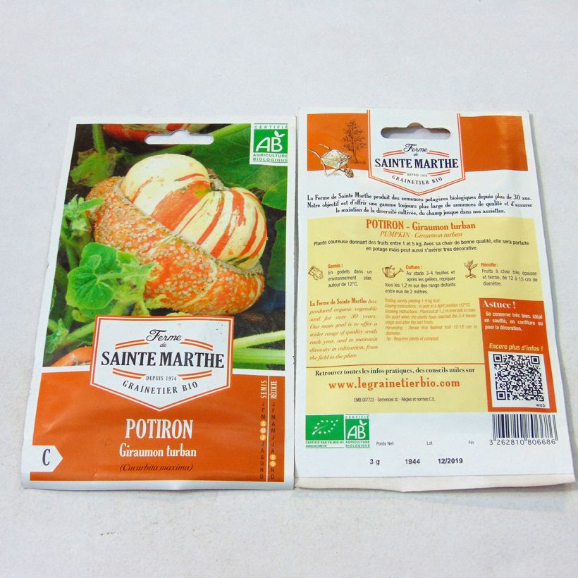 Esimerkki toimitetusta Turbaanikurpitsa Giraumon Turban luomu - Ferme de Sainte Marthe 10 siemenen pussi (3g)-taimesta