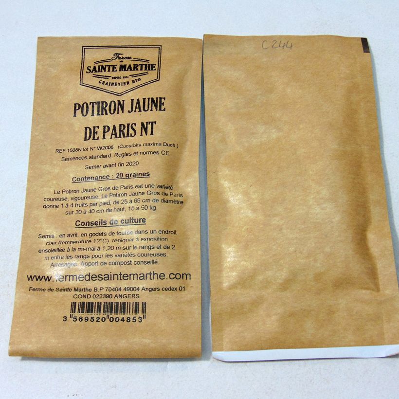 Esimerkki toimitetusta Jättikurpitsa Jaune de Paris - Ferme de Sainte Marthe 20 siemenen pussi (6g)-taimesta