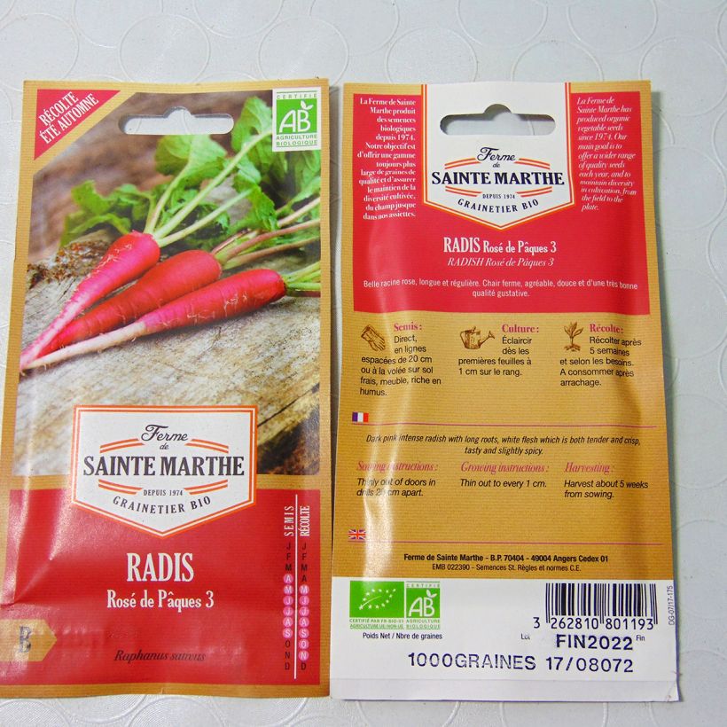 Esimerkki toimitetusta Retiisi Rose de Pâques 3 luomu - Ferme de Sainte Marthe 700 siemenen pussi (8g)-taimesta