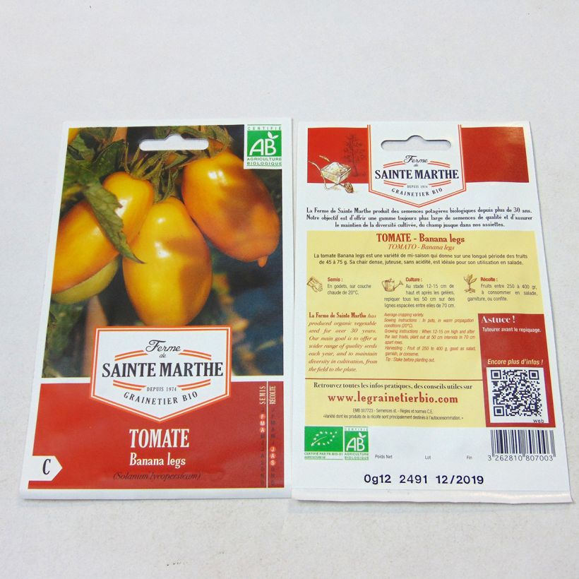 Esimerkki toimitetusta Tomaatti Banana Legs luomu - Ferme de Sainte Marthe 30 siemenen pussi-taimesta
