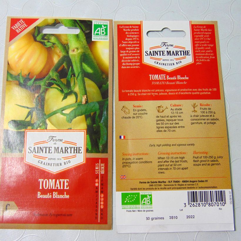 Esimerkki toimitetusta Tomaatti White Beauty luomu - Ferme de Sainte Marthe 50 siemenen pussi-taimesta