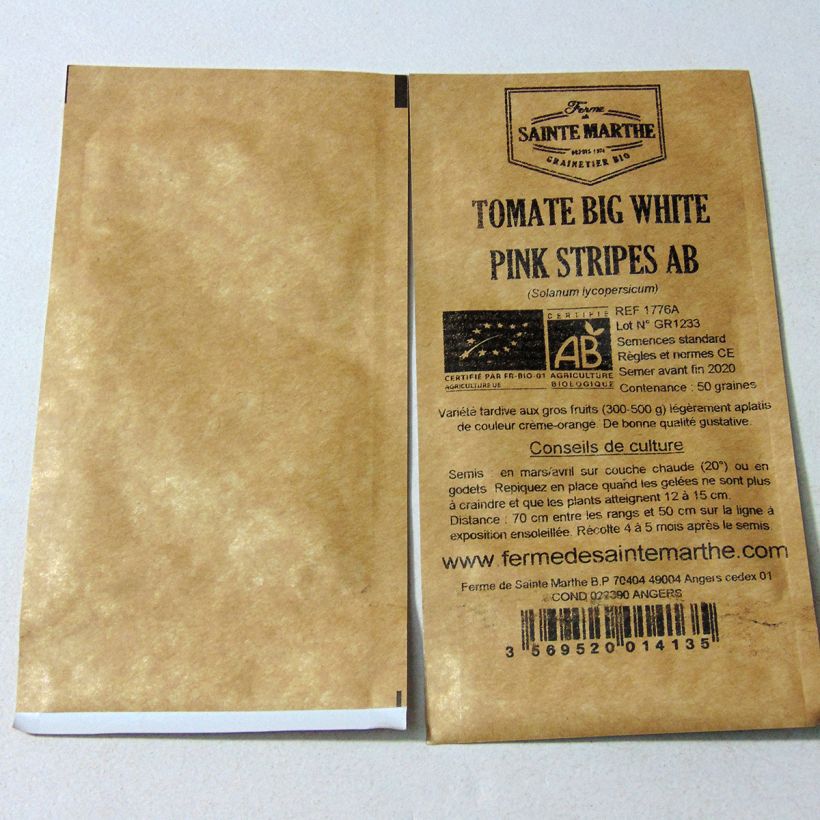 Esimerkki toimitetusta Tomaatti Big White Pink Stripes luomu - Ferme de Sainte Marthe 50 siemenen pussi-taimesta