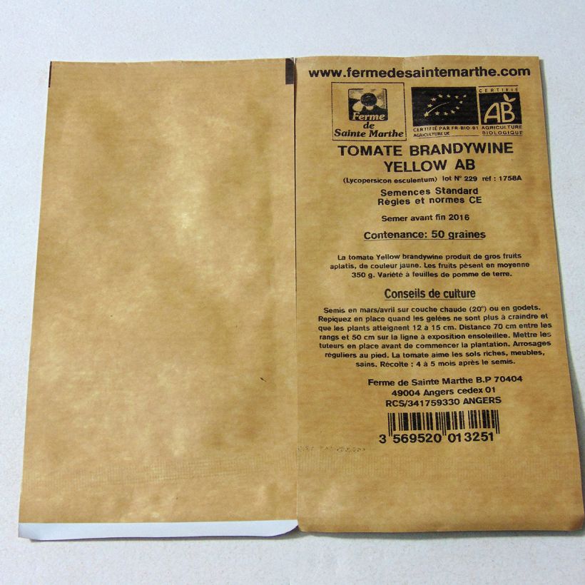 Esimerkki toimitetusta Pihvitomaatti Brandywine Yellow luomu - Ferme de Sainte Marthe 50 siemenen pussi-taimesta