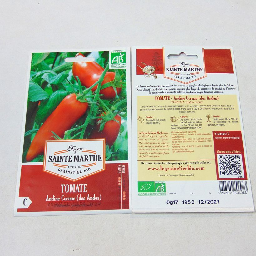 Esimerkki toimitetusta Tomaatti Andine Cornue luomu - Ferme de Sainte Marthe 50 siemenen pussi-taimesta