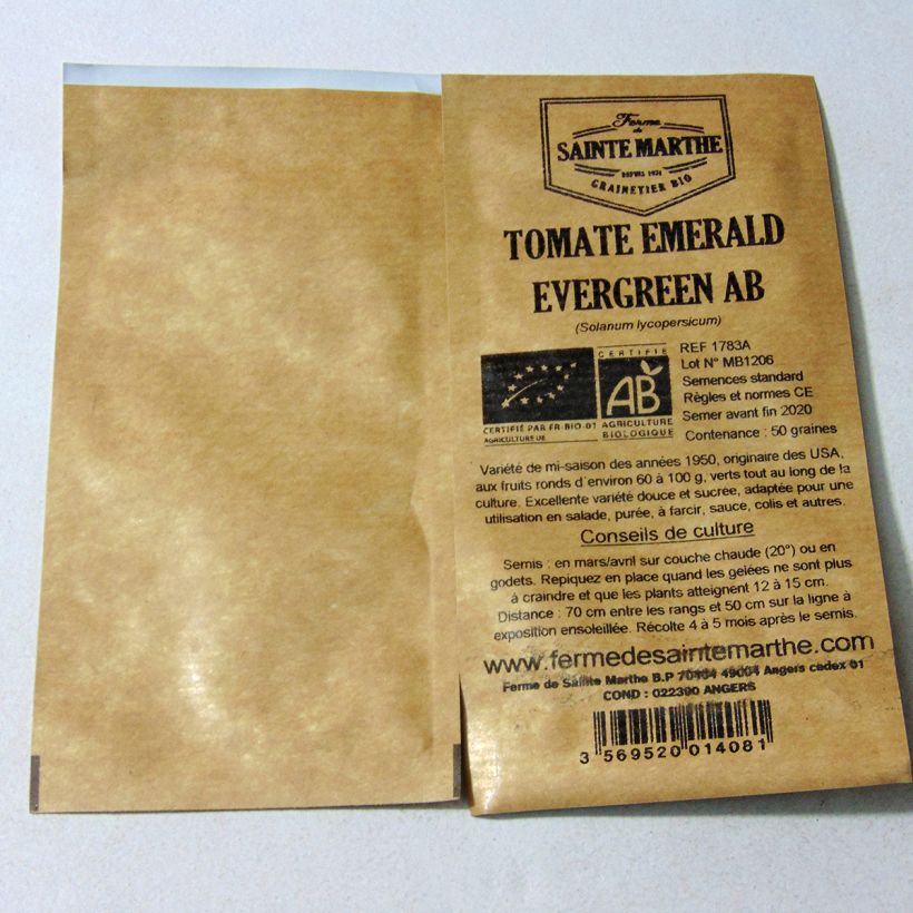 Esimerkki toimitetusta Tomaatti Emerald Evergreen luomu - Ferme de Sainte Marthe 50 siemenen pussi-taimesta