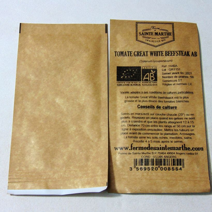 Esimerkki toimitetusta Pihvitomaatti Great White Beefsteak luomu - Ferme de Sainte Marthe 50 siemenen pussi-taimesta