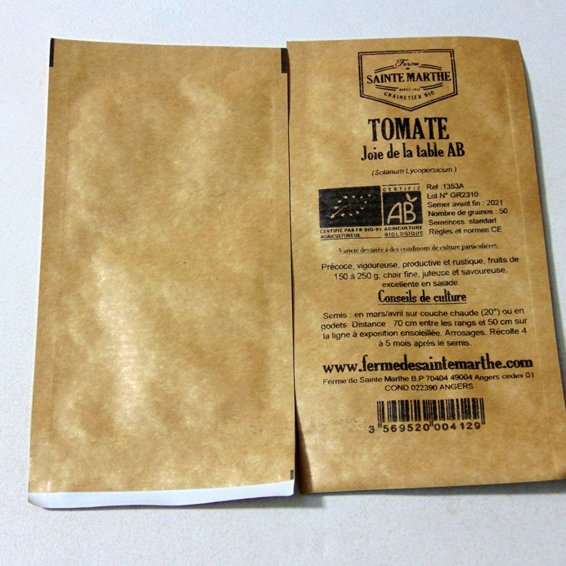 Esimerkki toimitetusta Tomaatti Joie de la table luomu - Ferme de Sainte Marthe 50 siemenen pussi-taimesta