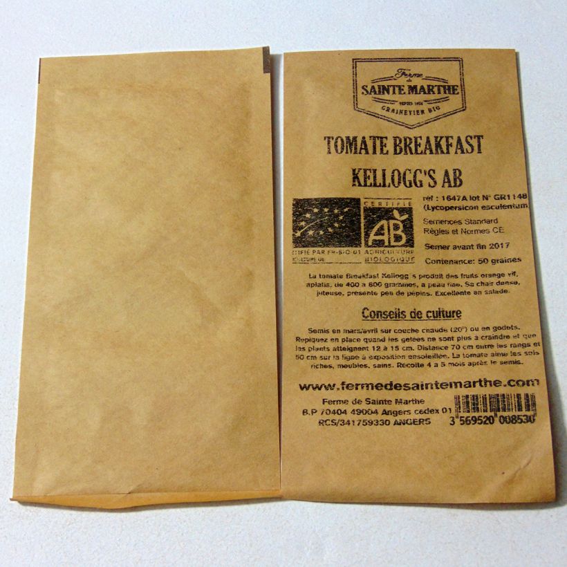 Esimerkki toimitetusta Tomaatti Kellogg's Breakfast luomu - Ferme de Sainte Marthe 50 siemenen pussi-taimesta