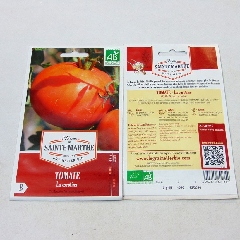 Esimerkki toimitetusta Tomaatti La Carotina luomu - Ferme de Sainte Marthe 40 siemenen pussi-taimesta