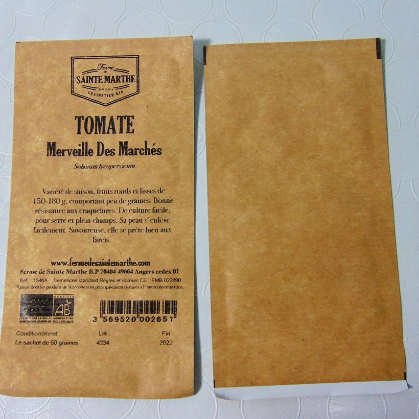 Esimerkki toimitetusta Tomaatti Merveille des Marchés luomu - Ferme de Sainte Marthe 50 siemenen pussi-taimesta