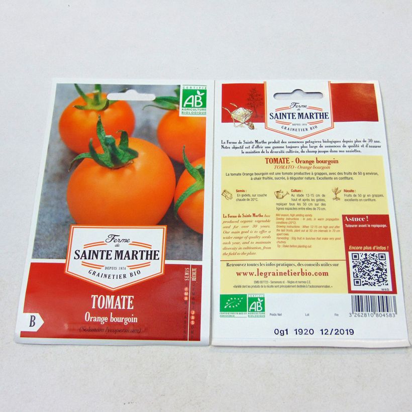 Esimerkki toimitetusta Oranssi tomaatti Orange Bourgoin luomu - Ferme de Sainte Marthe 40 siemenen pussi-taimesta