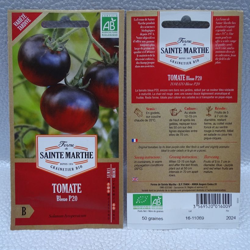 Esimerkki toimitetusta Tomaatti Osu Blue P20 luomu - Ferme de Sainte Marthe 50 siemenen pussi-taimesta