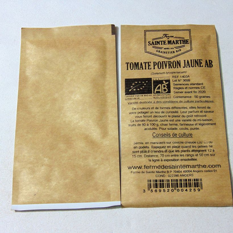 Esimerkki toimitetusta Tomaatti Keltainen paprika luomu - Ferme de Sainte Marthe 50 siemenen pussi-taimesta