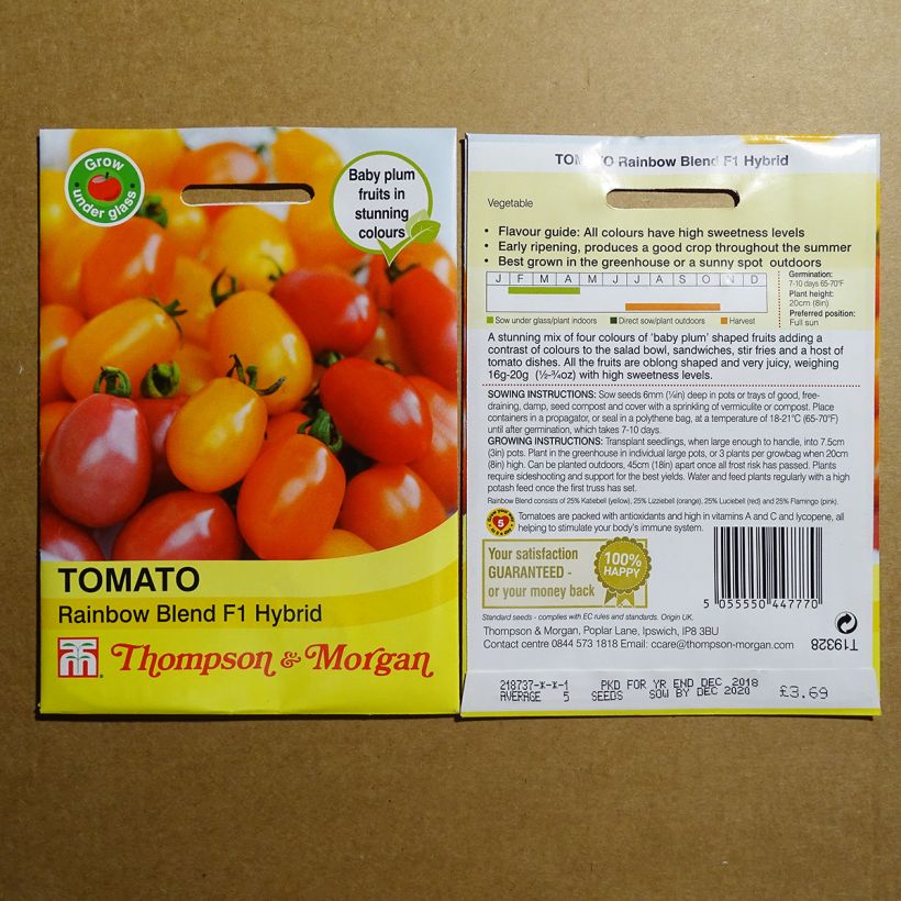 Esimerkki toimitetusta Cocktailtomaatti Rainbow Blend F1 8 siemenen pussi-taimesta