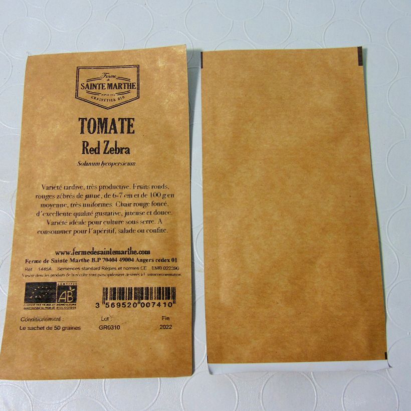 Esimerkki toimitetusta Tomaatti Red Zebra luomu - Ferme de Sainte Marthe 50 siemenen pussi-taimesta