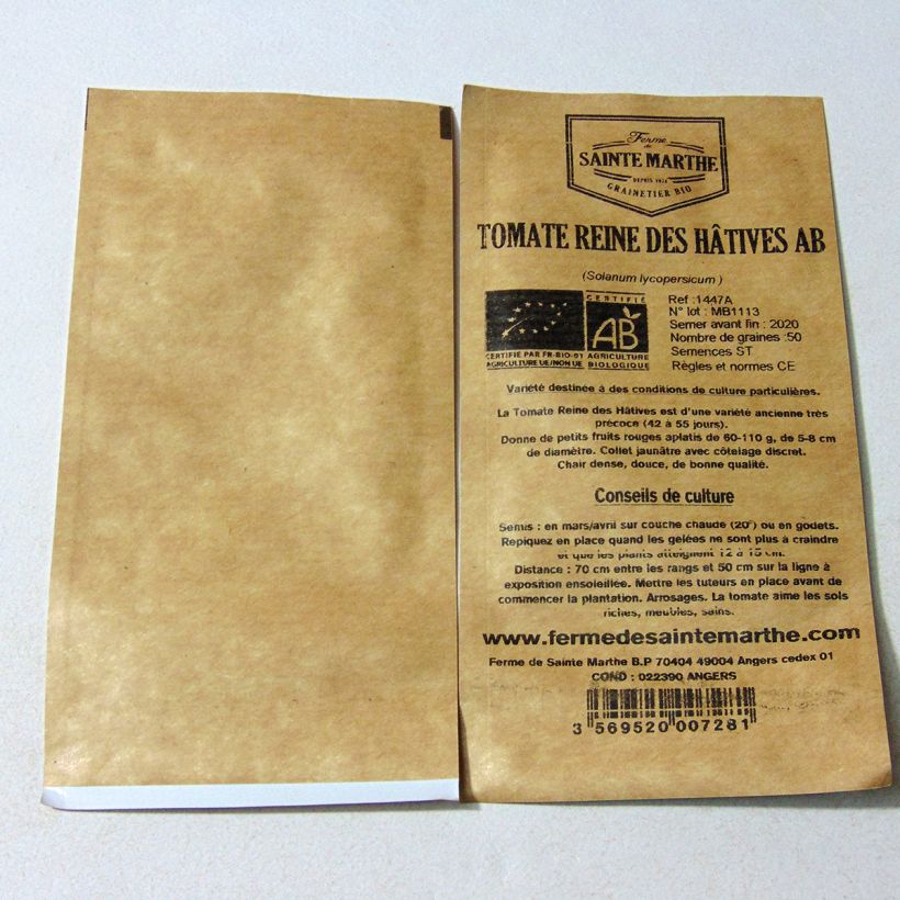 Esimerkki toimitetusta Tomaatti Reine des hâtives luomu - Ferme de Sainte Marthe 50 siemenen pussi-taimesta