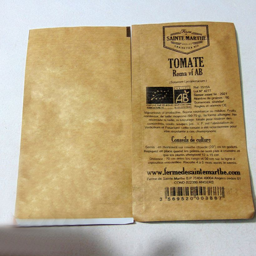 Esimerkki toimitetusta Tomaatti Roma VF luomu - Ferme de Sainte Marthe 50 siemenen pussi-taimesta