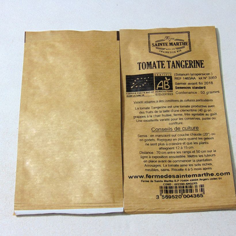 Esimerkki toimitetusta Tomaatti Tangerine luomu - Ferme de Sainte Marthe 50 siemenen pussi-taimesta