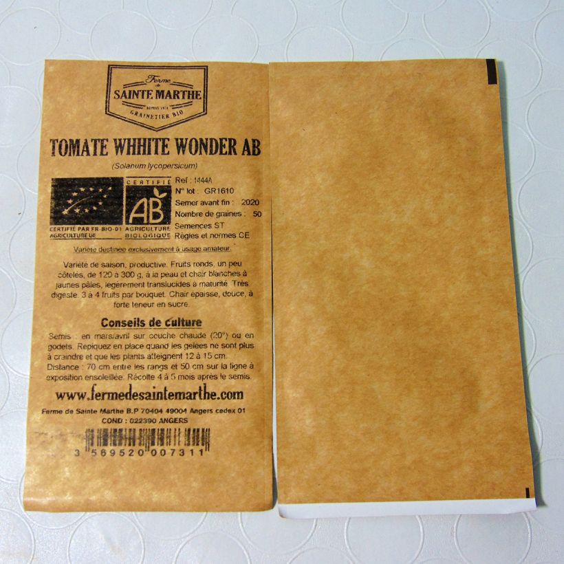 Esimerkki toimitetusta Pihvitomaatti White Wonder luomu - Ferme de Sainte Marthe 50 siemenen pussi-taimesta