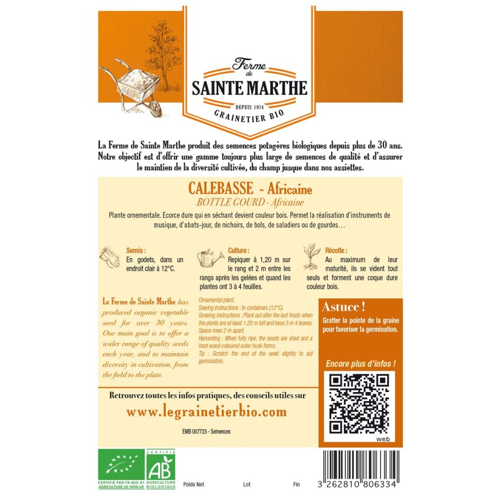 Pullokurpitsa luomu - Ferme de Sainte Marthe - Lagenaria siceraria