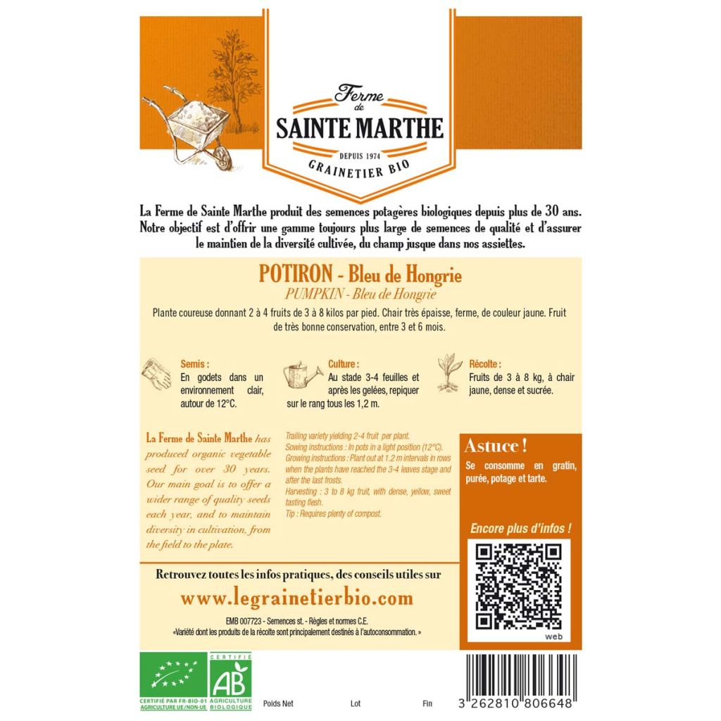 Jättikurpitsa Bleu de Hongrie luomu - Ferme de Sainte Marthe